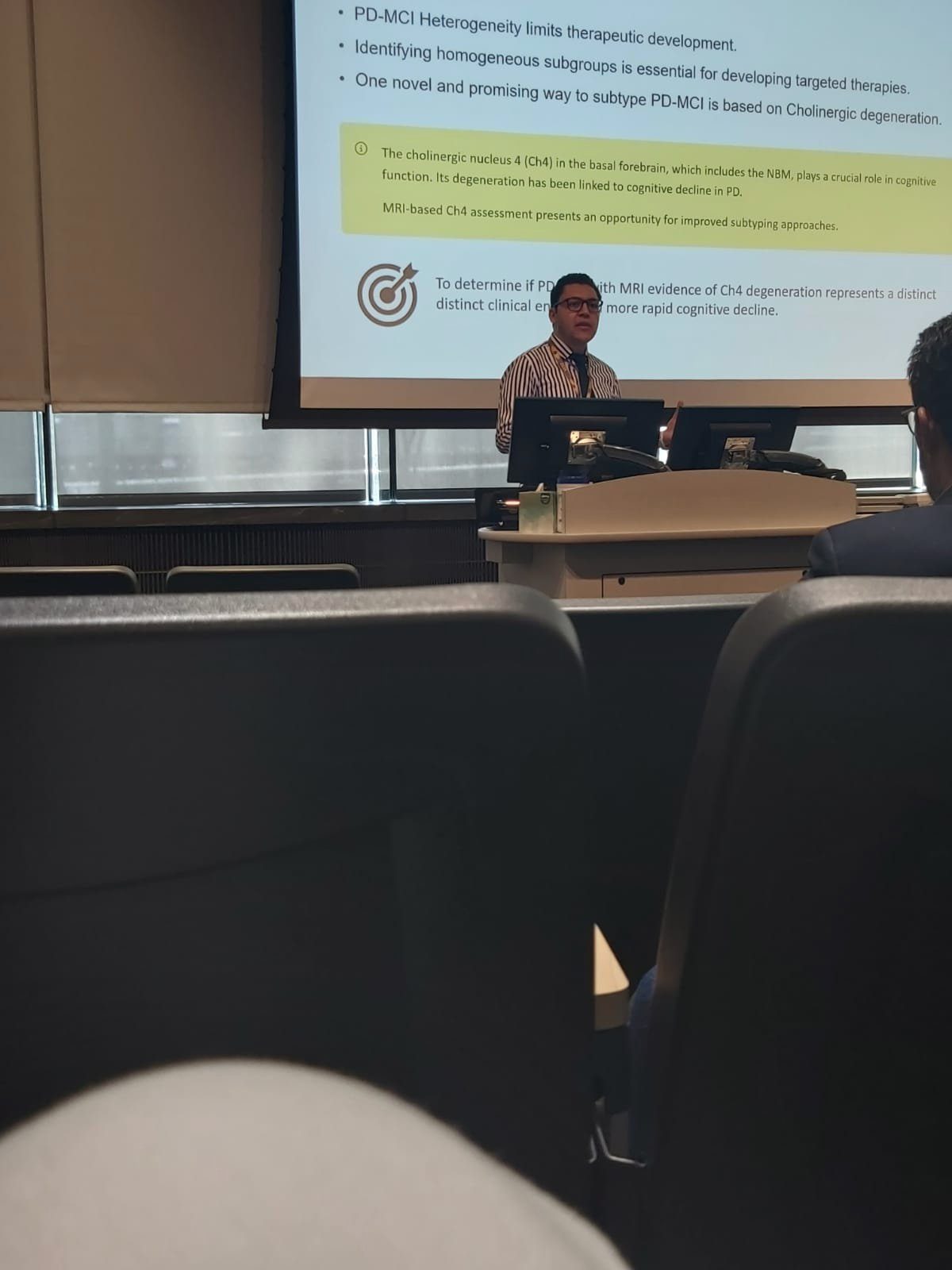 Ahmed Negida presenting on PD-MCI and Ch4 degeneration at the VCU PMDC symposium 2025